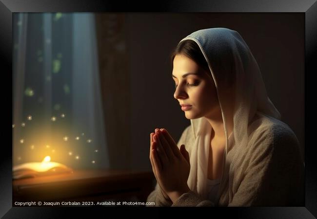 Beautiful young Muslim woman prays prostrate with  Framed Print by Joaquin Corbalan
