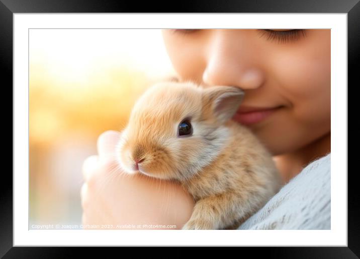 Little girl carefully holds her pet, a cute guinea Framed Mounted Print by Joaquin Corbalan