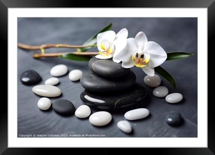 Black and white stones and flowers on a smooth, po Framed Mounted Print by Joaquin Corbalan