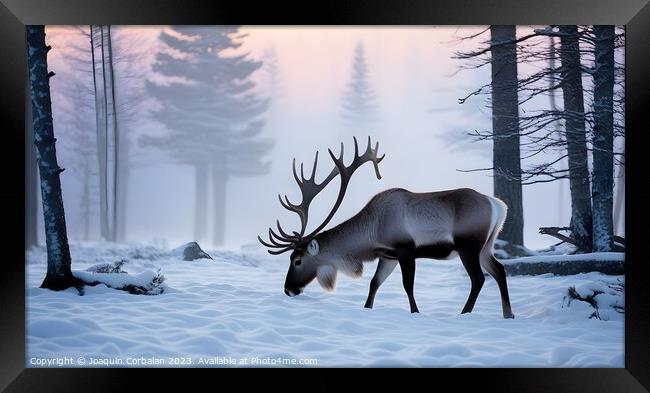 Big reindeer wanders through the snowy forest in s Framed Print by Joaquin Corbalan