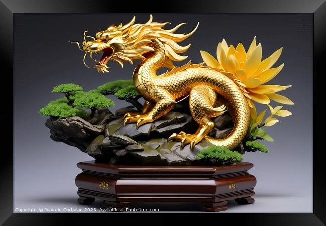 Sculpture of an Asian style golden dragon on a wooden platform. Framed Print by Joaquin Corbalan