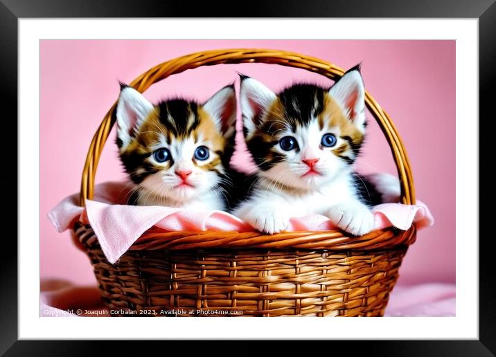 Tender and playful kittens in a basket. Framed Mounted Print by Joaquin Corbalan