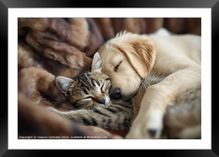 A dog puppy and a kitten sleep together as compani Framed Mounted Print by Joaquin Corbalan