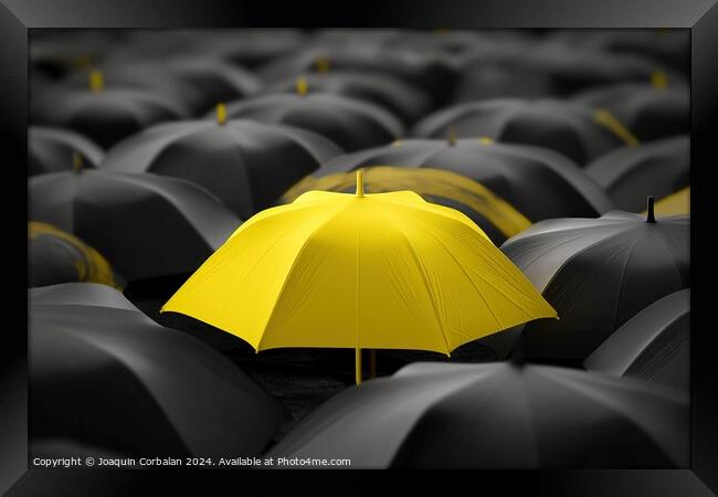 A yellow umbrella stands out from the ordinary crowd. Concept of standing out among many. Framed Print by Joaquin Corbalan