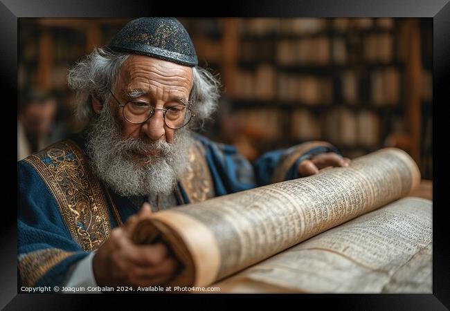 A rabid old man unrolls the torah for study. Framed Print by Joaquin Corbalan