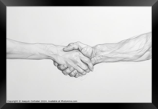 Pencil illustration on a white background of two hands shaking, showing support and help in difficult times. Framed Print by Joaquin Corbalan