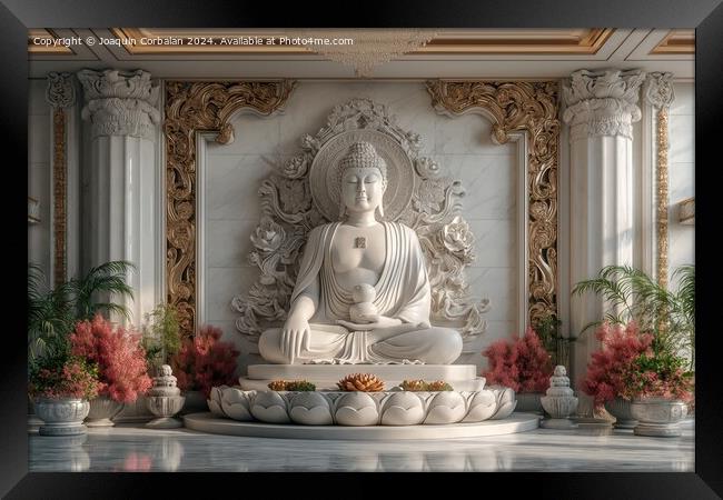 Buddha statue in white marble, with flower offerin Framed Print by Joaquin Corbalan
