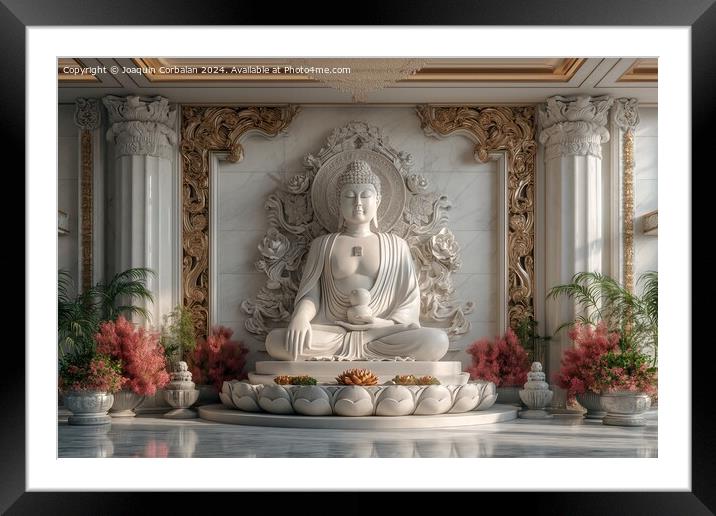 Buddha statue in white marble, with flower offerin Framed Mounted Print by Joaquin Corbalan