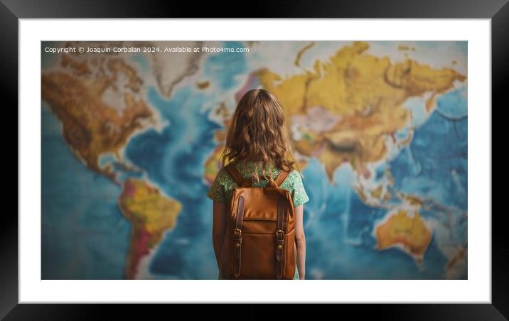 With her back to school, a girl studies a map of t Framed Mounted Print by Joaquin Corbalan