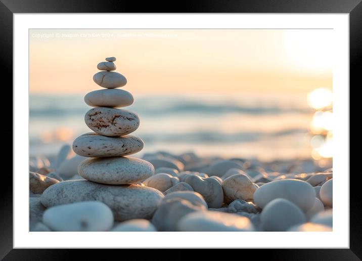 Piles of stones creating a tower near the beach, c Framed Mounted Print by Joaquin Corbalan