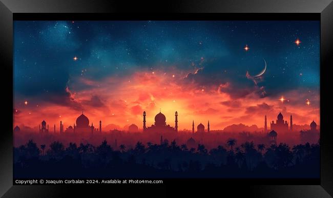 Drawing with the silhouette of an Arab city, at dusk, banner to celebrate Ramadan. Framed Print by Joaquin Corbalan