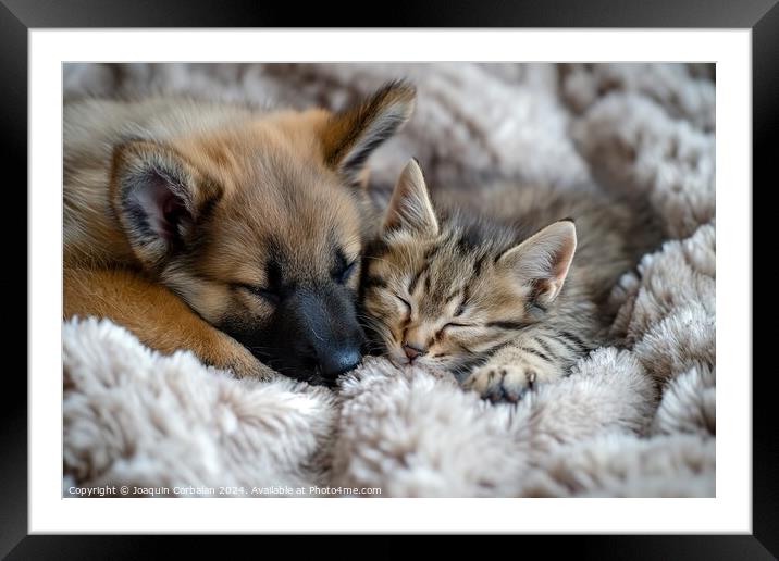 Adorable pets, puppy and kitten, sleep in good com Framed Mounted Print by Joaquin Corbalan