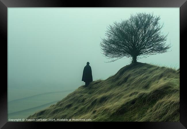 A person stands on top of a hill, next to a tree, overlooking the surrounding landscape. Framed Print by Joaquin Corbalan