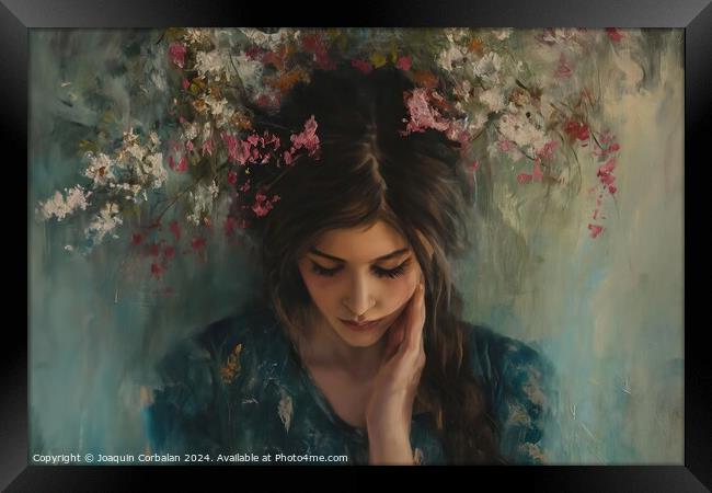 A painting depicting a woman with flowers adorning Framed Print by Joaquin Corbalan