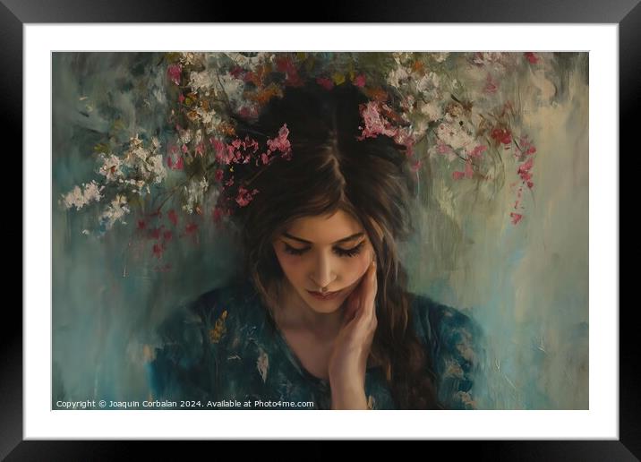 A painting depicting a woman with flowers adorning Framed Mounted Print by Joaquin Corbalan