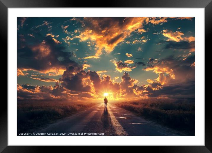 A person standing in the middle of a road during t Framed Mounted Print by Joaquin Corbalan