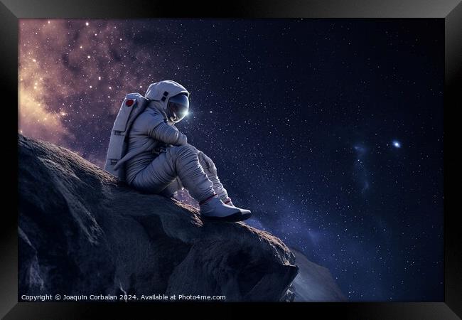 An astronaut sits on a rock gazing at the stars, r Framed Print by Joaquin Corbalan