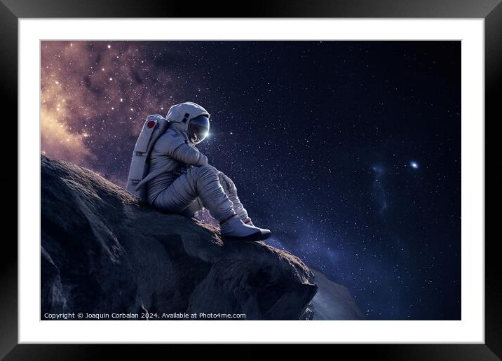 An astronaut sits on a rock gazing at the stars, r Framed Mounted Print by Joaquin Corbalan