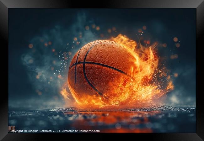 A basketball engulfed in flames stands out against Framed Print by Joaquin Corbalan