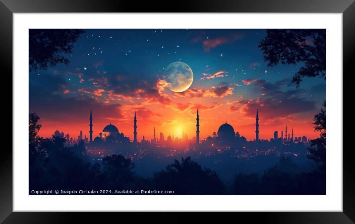 A stunning view of a mosque cityscape  at sunset,  Framed Mounted Print by Joaquin Corbalan