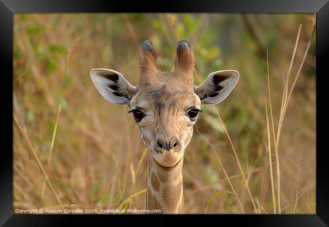 A detailed photo capturing a giraffe up close, sta Framed Print by Joaquin Corbalan