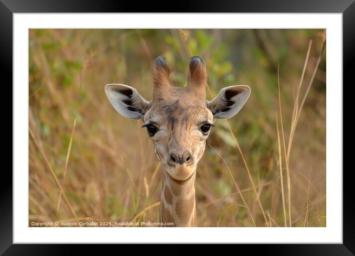 A detailed photo capturing a giraffe up close, sta Framed Mounted Print by Joaquin Corbalan