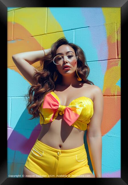 A woman wearing a yellow bikini top and matching shorts poses in front of the camera. Framed Print by Joaquin Corbalan