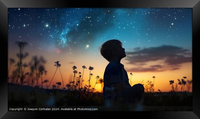 Child observes the stars and constellations in the Framed Print by Joaquin Corbalan