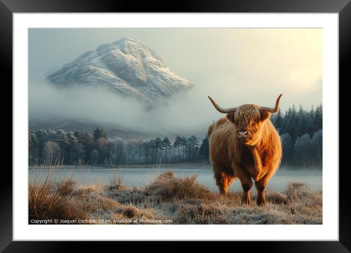 A powerful Highland cattle stands gracefully in a  Framed Mounted Print by Joaquin Corbalan