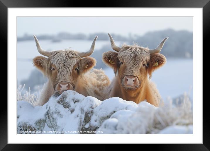 Two graceful Highland cattle stand side by side in Framed Mounted Print by Joaquin Corbalan
