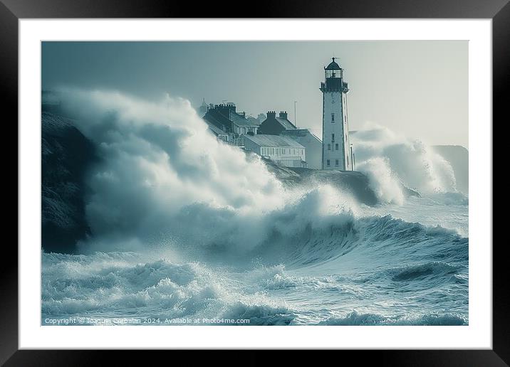 A solitary lighthouse stands tall amidst the crash Framed Mounted Print by Joaquin Corbalan
