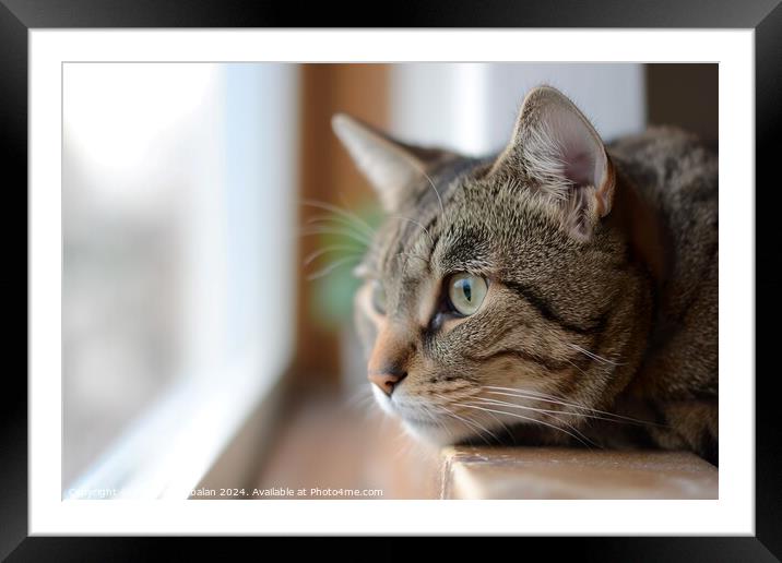 a cat as it sits on a window sill, fixated on the  Framed Mounted Print by Joaquin Corbalan