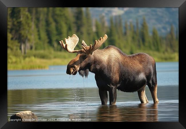 A moose is captured in this photo standing in the  Framed Print by Joaquin Corbalan