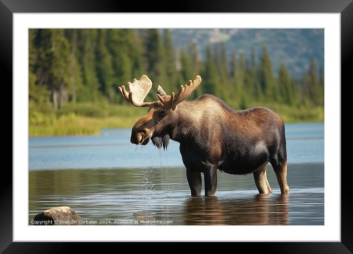 A moose is captured in this photo standing in the  Framed Mounted Print by Joaquin Corbalan