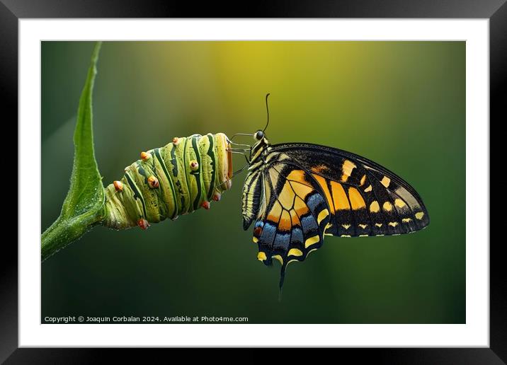 A colorful butterfly sitting on a vibrant green pl Framed Mounted Print by Joaquin Corbalan
