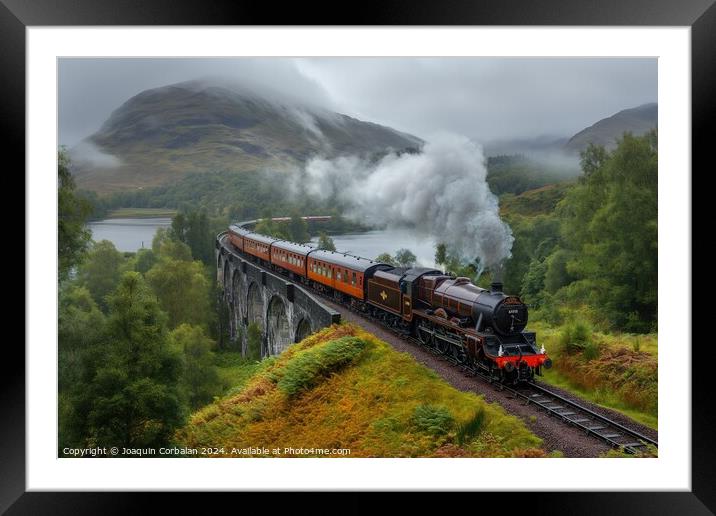 Jacobite Express, A train is seen traveling over a bridge on a cloudy day, with its engines and carriages visible, creating a dynamic scene. Framed Mounted Print by Joaquin Corbalan
