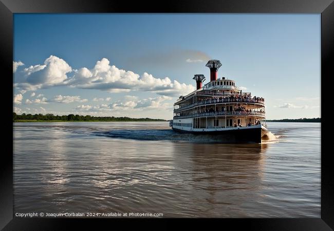 A sizable boat navigates Mississippi down a river  Framed Print by Joaquin Corbalan