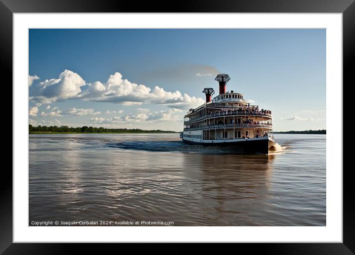 A sizable boat navigates Mississippi down a river  Framed Mounted Print by Joaquin Corbalan