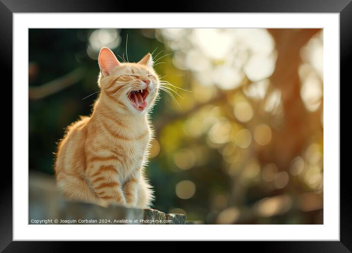 A cat sits on a fence and yawns, displaying its re Framed Mounted Print by Joaquin Corbalan