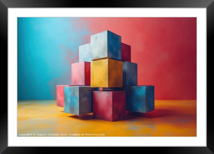 A painting showcasing cubes artfully stacked on to Framed Mounted Print by Joaquin Corbalan