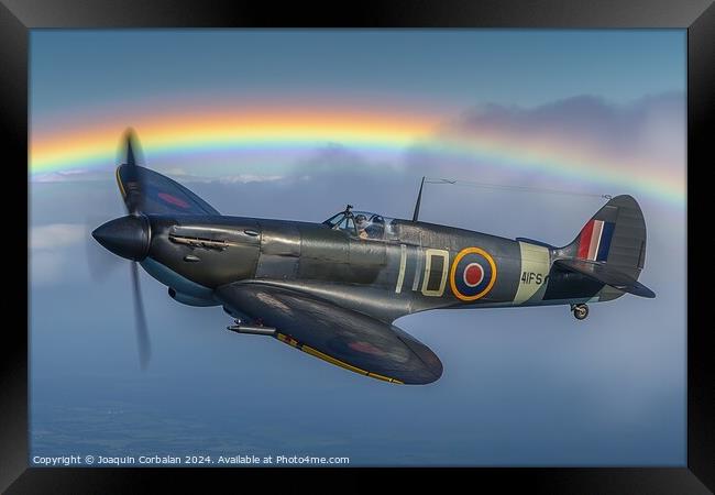 A spitfire flies through the sky with a vivid rain Framed Print by Joaquin Corbalan