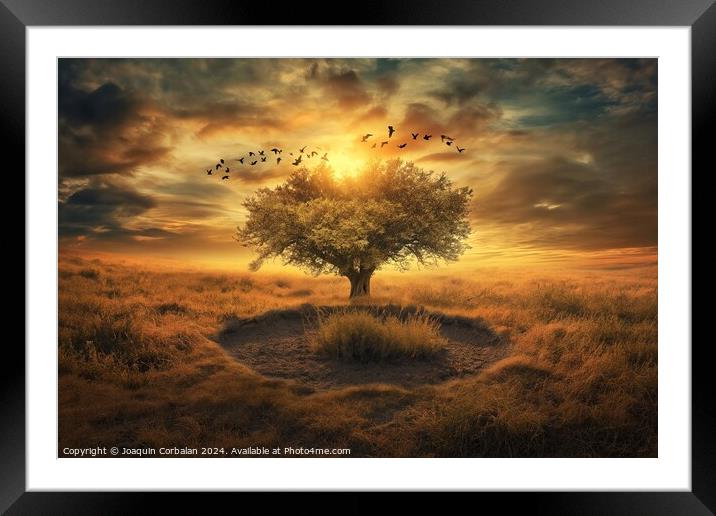 A tree standing in a field with birds flying over  Framed Mounted Print by Joaquin Corbalan