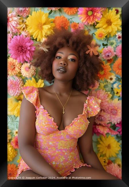 A afro woman sits in front of a flower wall, surrounded by colorful blooms. Framed Print by Joaquin Corbalan