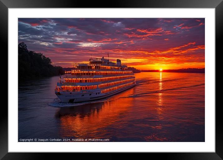 A sizeable cruise ship gracefully sails across a vast body of water, showcasing the magnificent vessel and its movement. Framed Mounted Print by Joaquin Corbalan