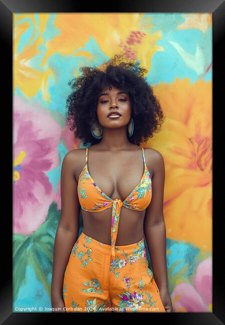 A afro woman wearing a bikini top and shorts stands confidently in front of a vibrant flower wall.; Framed Print by Joaquin Corbalan
