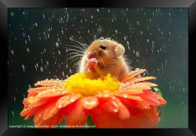 A rodent, like a little mouse, on a flower cooling off with the dew. Framed Print by Joaquin Corbalan