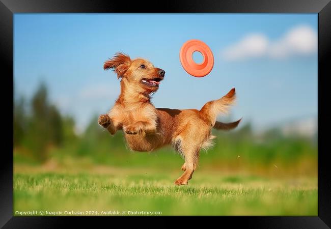 A dog leaps into the air, displaying impressive agility, as it catches a frisbee mid-flight. Framed Print by Joaquin Corbalan