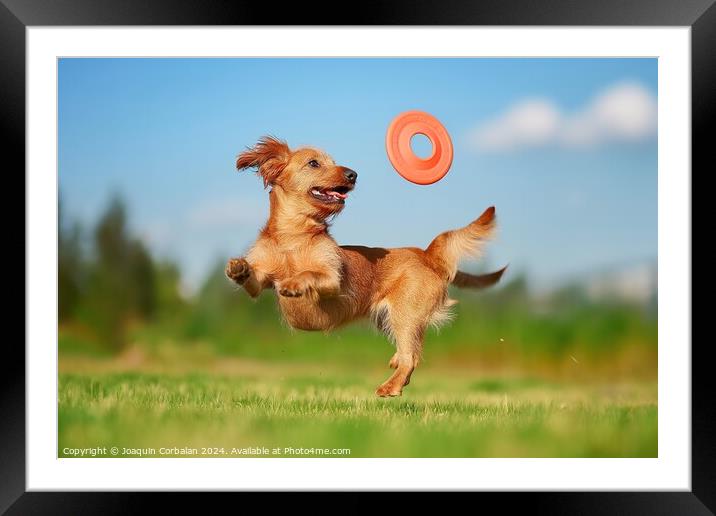 A dog leaps into the air, displaying impressive agility, as it catches a frisbee mid-flight. Framed Mounted Print by Joaquin Corbalan