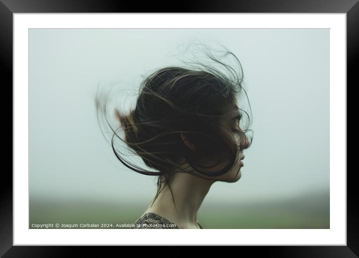 A woman standing outdoors with her hair blowing in the wind. Framed Mounted Print by Joaquin Corbalan