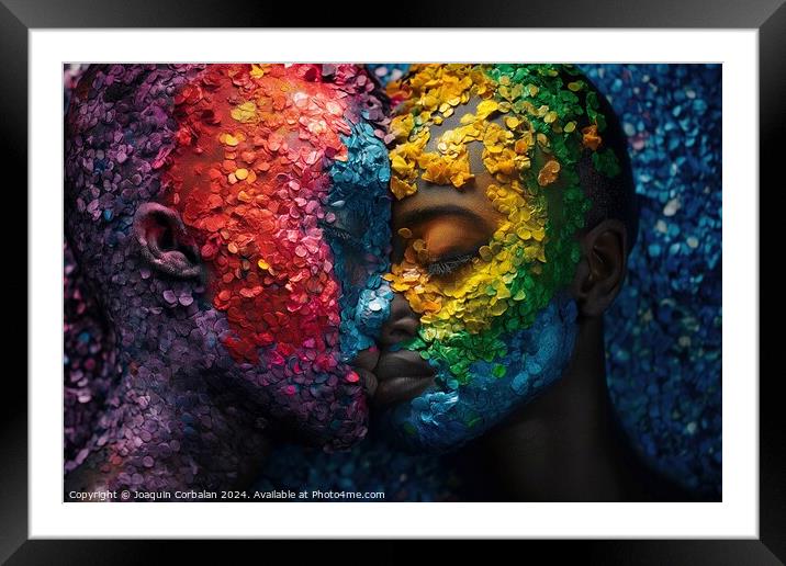 Two individuals with their faces painted in contrasting hues expressing themselves artistically. Framed Mounted Print by Joaquin Corbalan